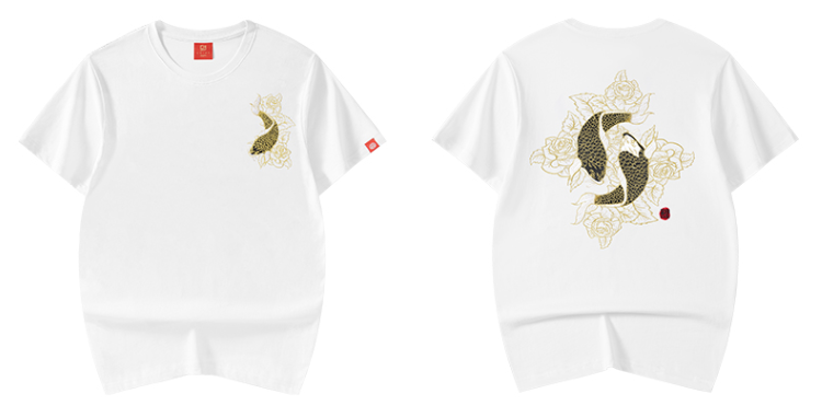 Embroidered Twin Koi Japanese T Shirt - XL
