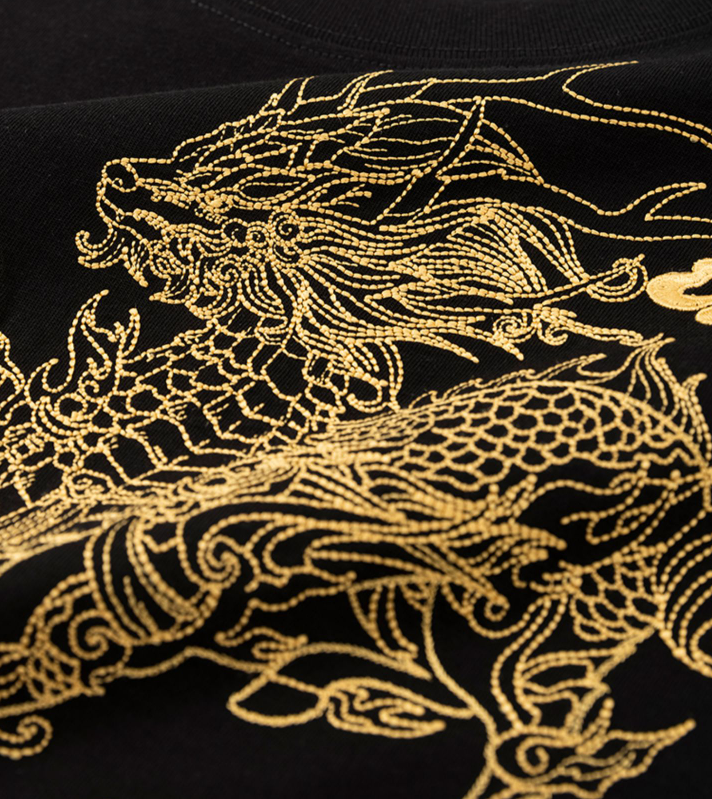 Dragon Flame Embroidered Japanese T Shirt - XL