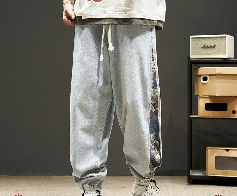 Embroidered Bear Japanese Pants - #0000ff:Blue