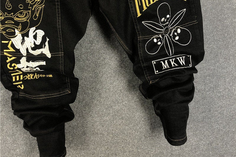 Monkey Head Embroidered Denim Style Japanese Pants - 42