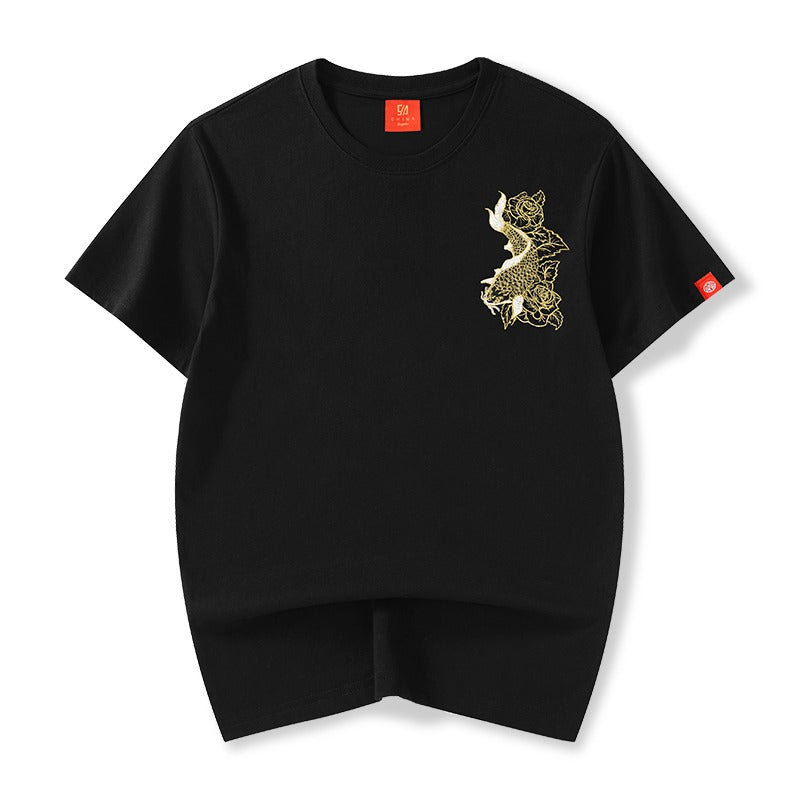 Embroidered Twin Koi Japanese T Shirt - 4XL