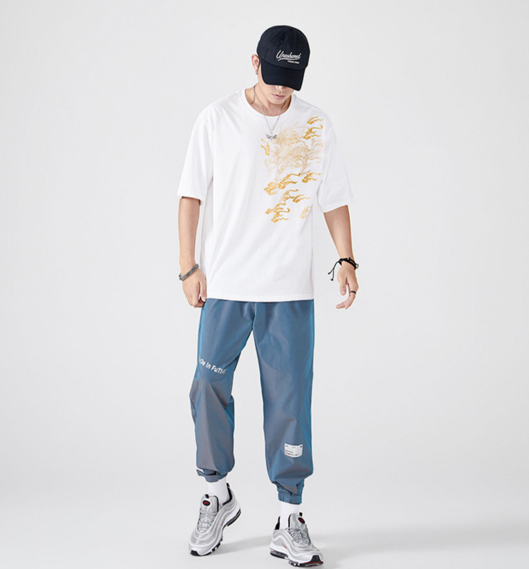 Dragon Flame Embroidered Japanese T Shirt - XL