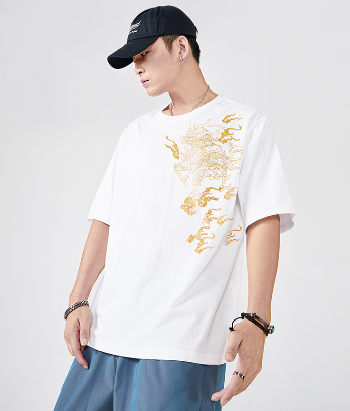 Dragon Flame Embroidered Japanese T Shirt - Large
