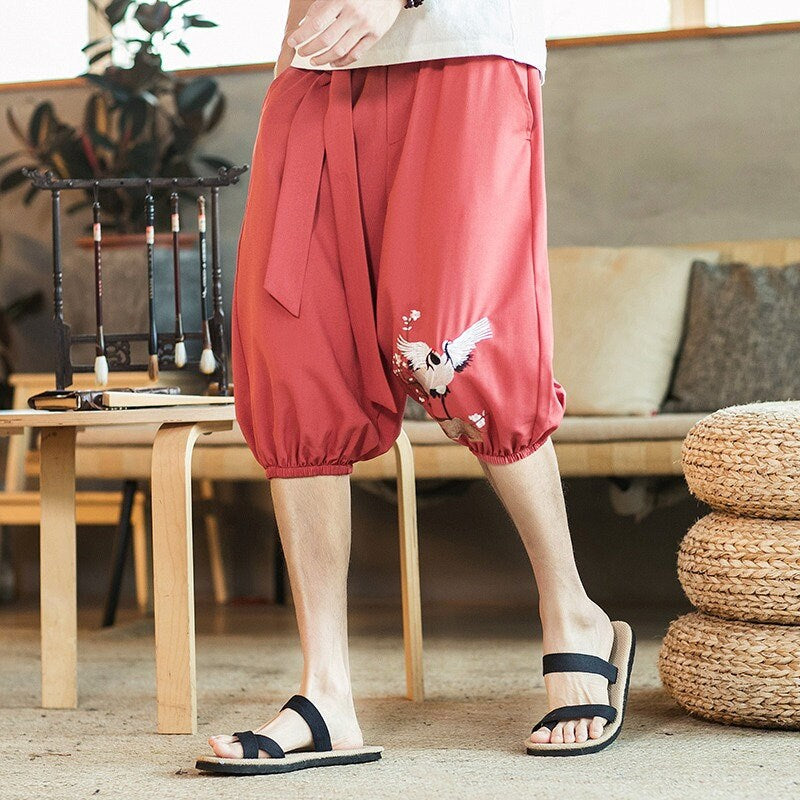Red Crane Embroidered Japanese Short - #ffffff:White