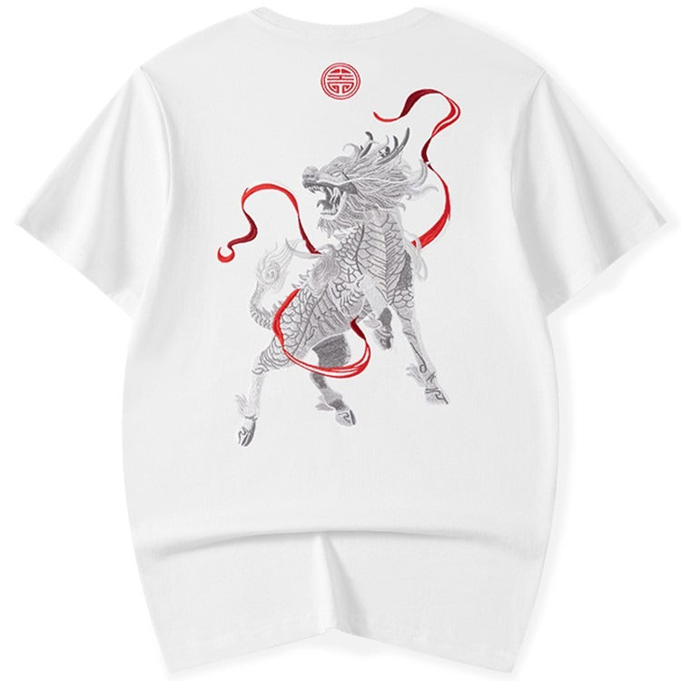 Embroidered Flaming Dragon Japanese T Shirt - Large