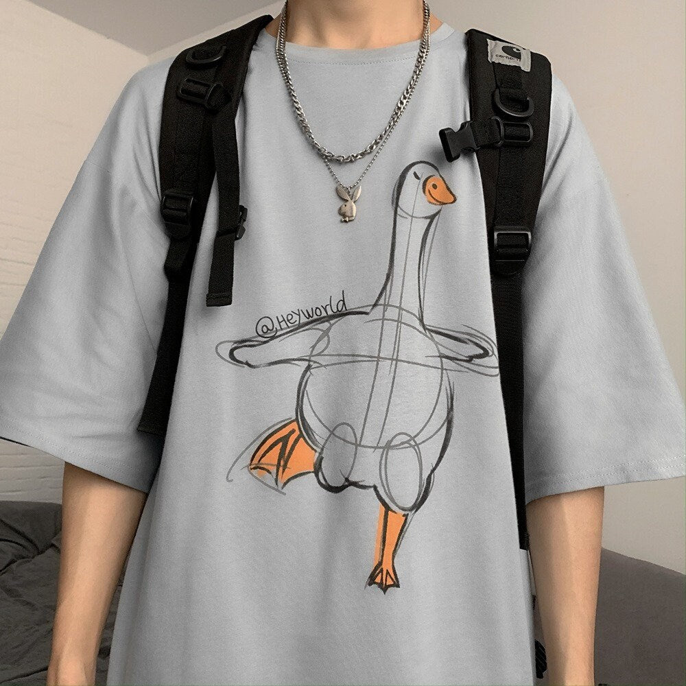Duck Sketch Printed Japanese T Shirt - #808080:Gray