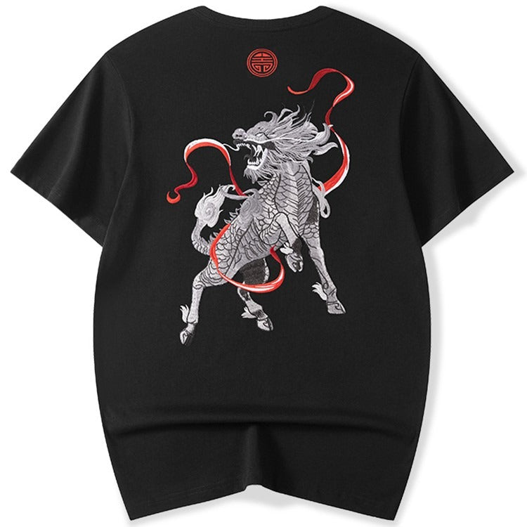 Embroidered Flaming Dragon Japanese T Shirt - Medium