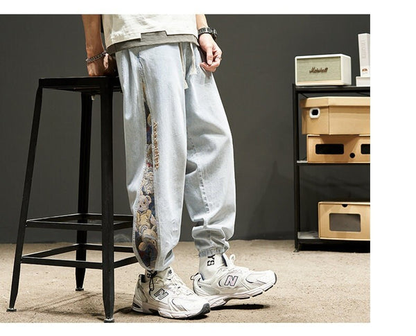 Embroidered Bear Japanese Pants - #0000ff:Blue