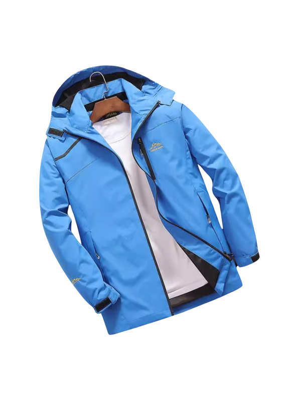 Blue jacket on a hanger against a white background