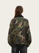 Person wearing a camouflage jacket on a plain background