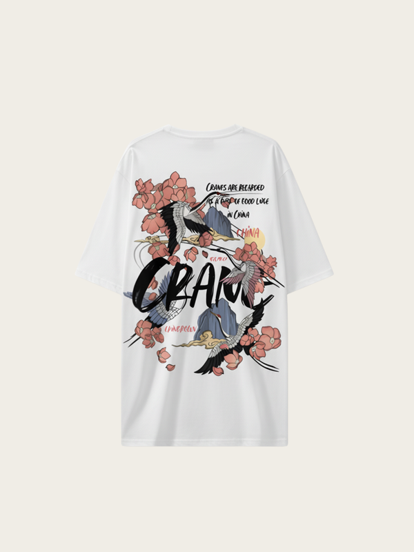 White t-shirt with bird graphic and text on a white background