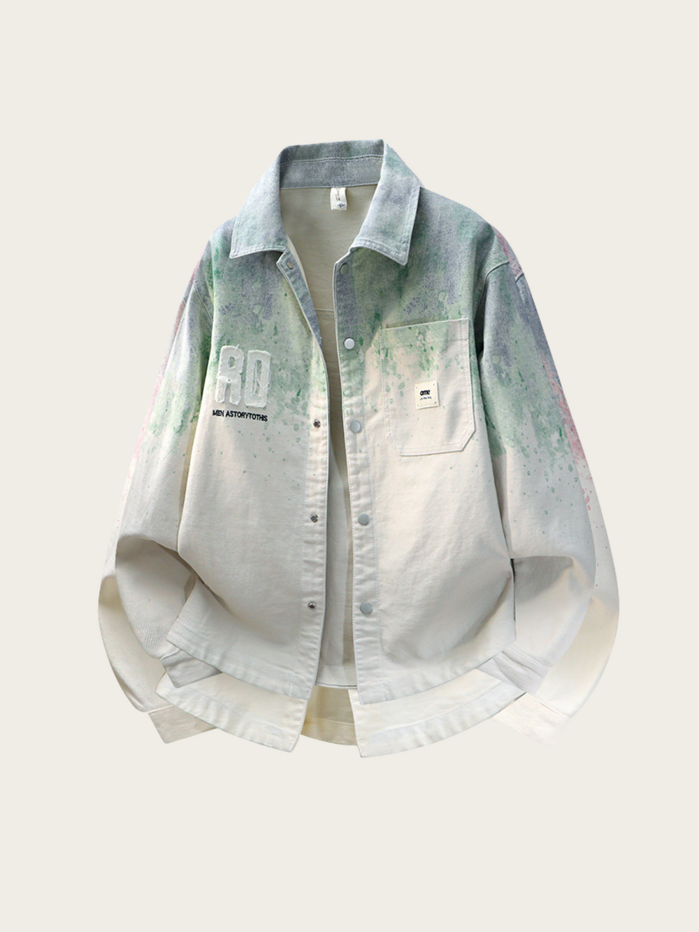 Light blue denim jacket with a brand logo on a white background