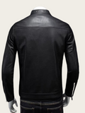 Black leather jacket on a mannequin against a white background