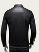 Black leather jacket on a mannequin against a white background