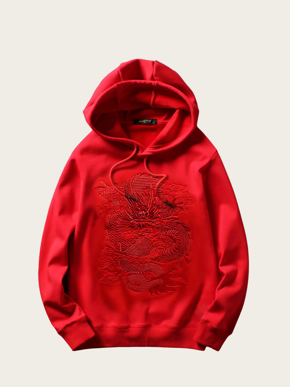 Red hoodie with dragon design on a light gray background
