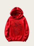 Red hoodie with dragon design on a light gray background