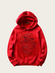 Red hoodie with dragon design on a light gray background