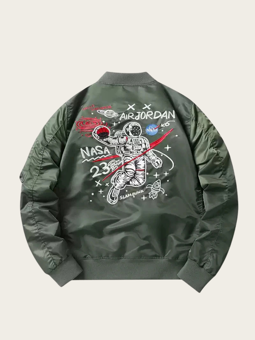 Green bomber jacket with NASA and Air Jordan graphics on a light gray background