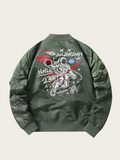 Green bomber jacket with NASA and Air Jordan graphics on a light gray background