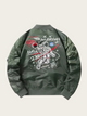 Green bomber jacket with NASA and Air Jordan graphics on a light gray background