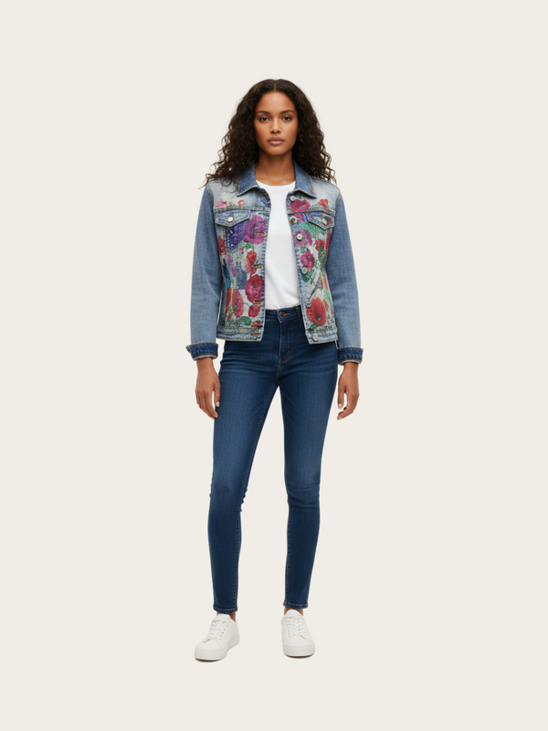 Woman wearing a floral denim jacket and blue jeans on a white background