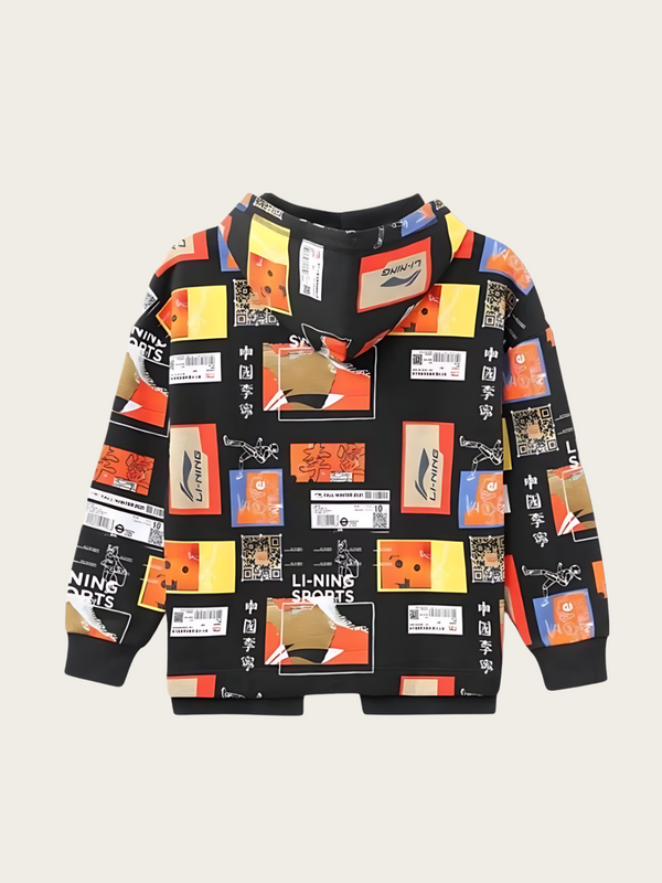 Colorful jacket with various labels and patterns on a light gray background