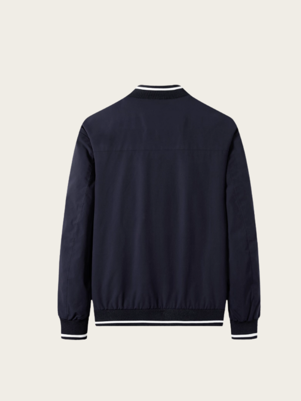 Navy blue bomber jacket on a light beige background