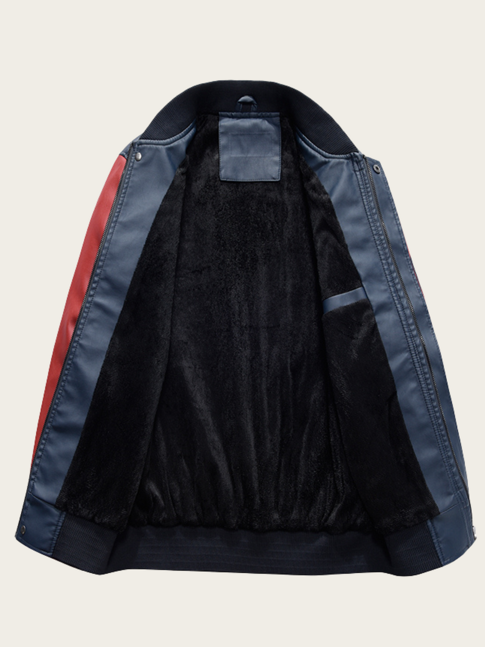 Back view of a jacket with red and blue design on a beige background