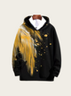 Black hoodie with yellow feather design on a beige background