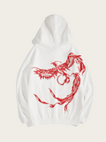 White hoodie with red phoenix design on a light gray background