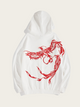 White hoodie with red phoenix design on a light gray background