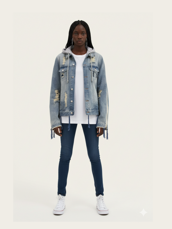 Person wearing a light blue denim jacket, white shirt, and dark jeans on a white background