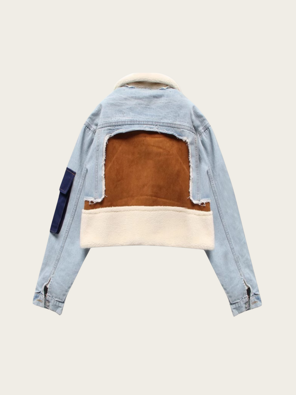 Denim jacket with brown and beige interior on a beige background