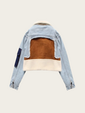 Denim jacket with brown and beige interior on a beige background