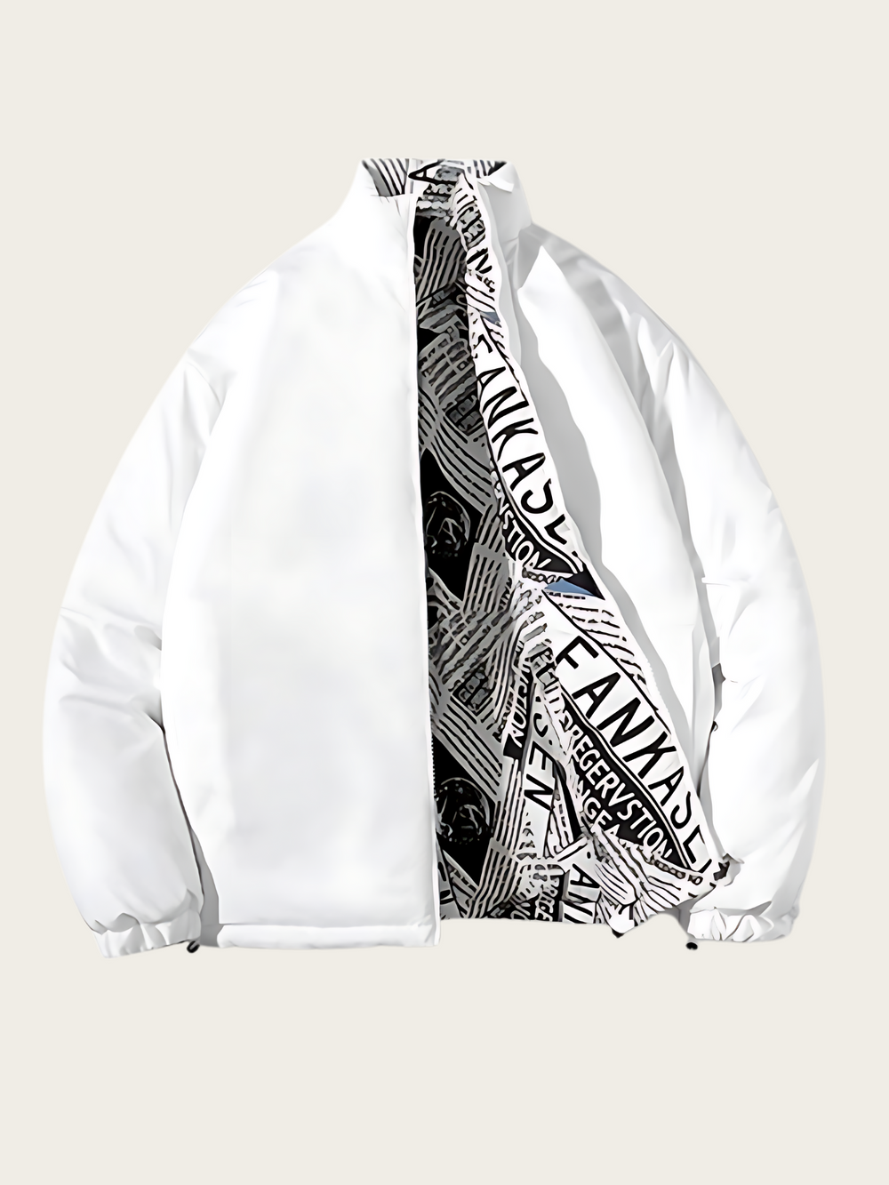 White jacket with black and white pattern on a beige background
