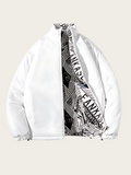 White jacket with black and white pattern on a beige background