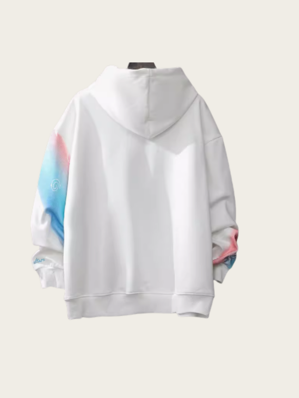White hoodie with colorful sleeves on a white background