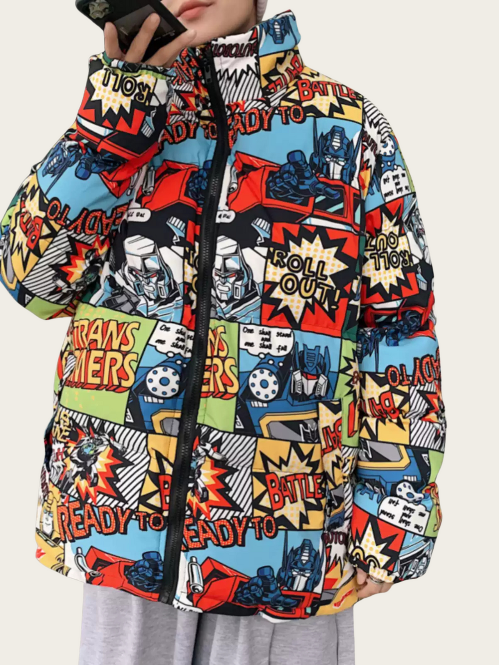 Transformers Comic-Style Puffer Jacket – Colorful Streetwear Outerwear