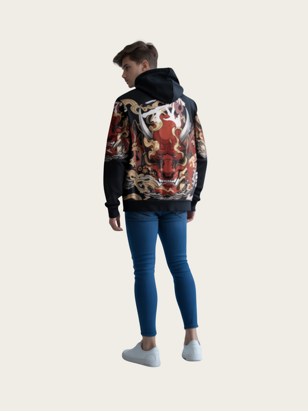 Person wearing a colorful hoodie and blue jeans on a plain background