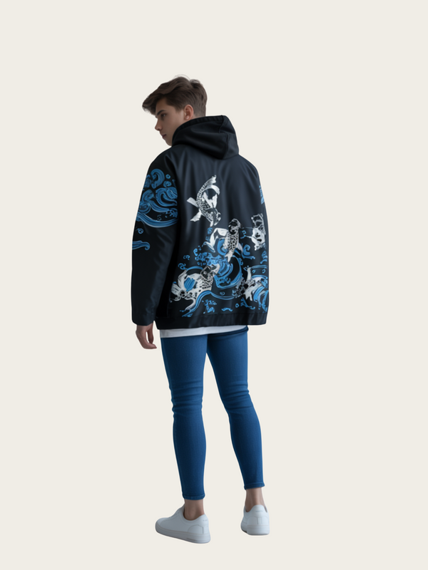Person wearing a black hoodie with blue dragon design on the back against a white background