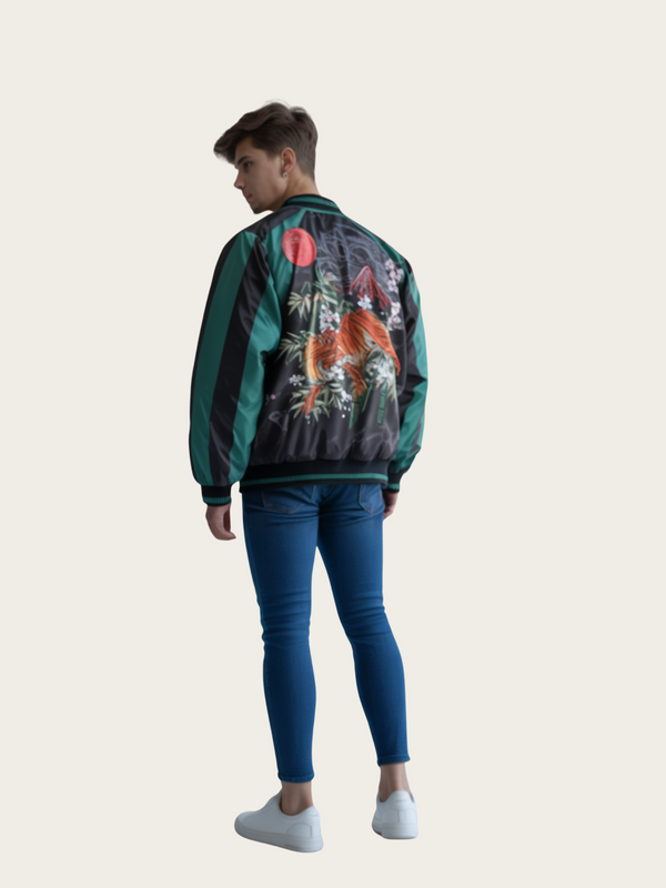 Person wearing a colorful jacket with floral patterns on a plain background