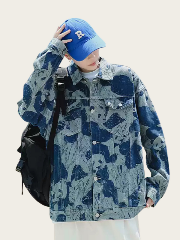 Person wearing a blue camouflage jacket and blue cap on a white background