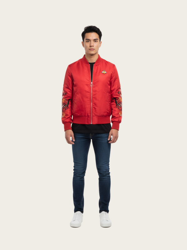Red Satin Bomber Jacket with Embroidered Sleeves & Bee Patch
