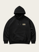 Black hoodie with a small logo on the chest against a light beige background