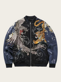 Navy blue bomber jacket with dragon and tiger embroidery on a beige background