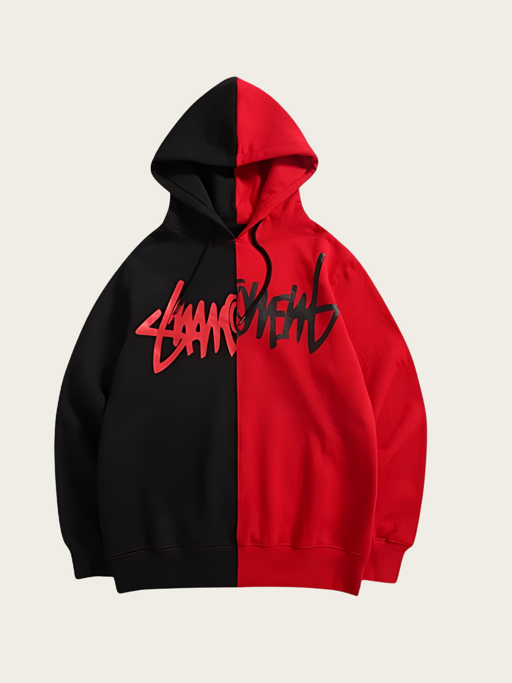 Black and red hoodie with a logo on a beige background