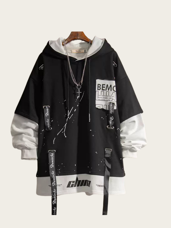 Black and white hoodie with text design on a hanger against a white background