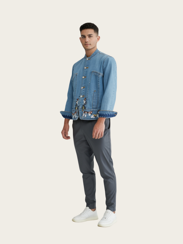 Embroidered Denim Jacket with Frog Button Closure & Butterfly Accents