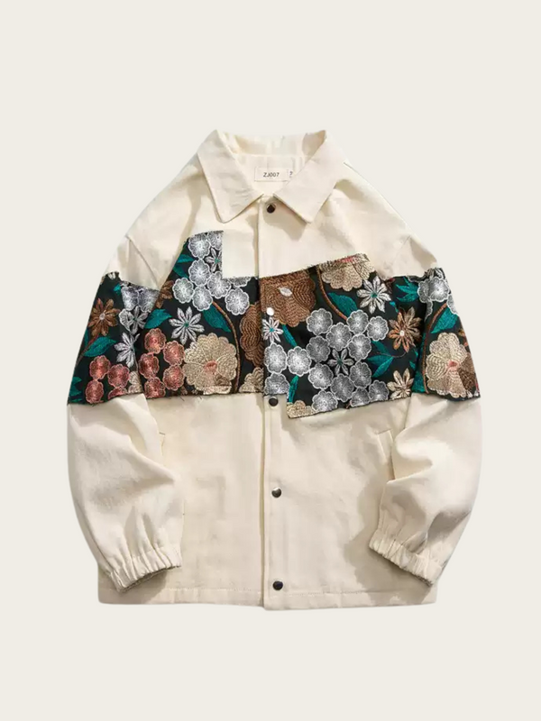 Beige jacket with floral embroidery on a white background