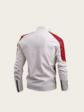 White jacket with red accents on a beige background